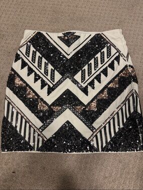 Express White Mini Skirt with Black and Rose Gold Sequin Chevron Pattern